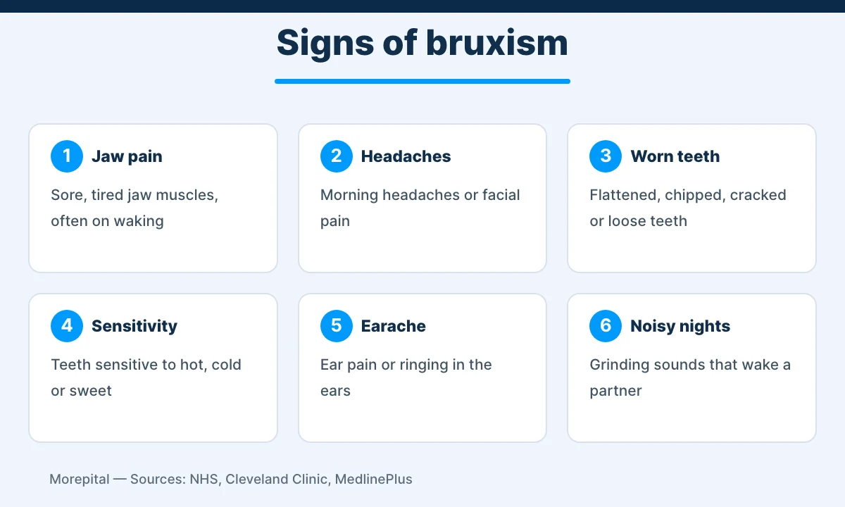Infographic showing six signs of bruxism: jaw pain, headaches, worn teeth, sensitivity, earache and grinding noises at night