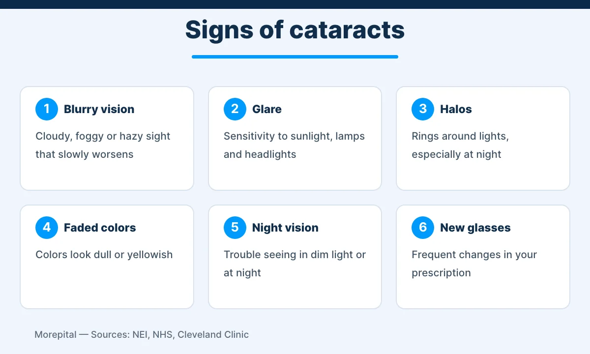 Infographic showing six common signs of cataracts: blurry vision, glare, halos, faded colors, poor night vision and frequent prescription changes