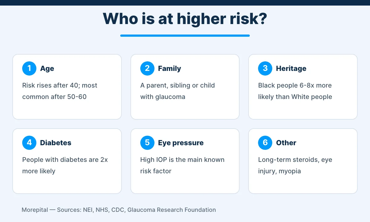 Infographic of the main glaucoma risk factors: age, family history, heritage, diabetes, eye pressure and steroids