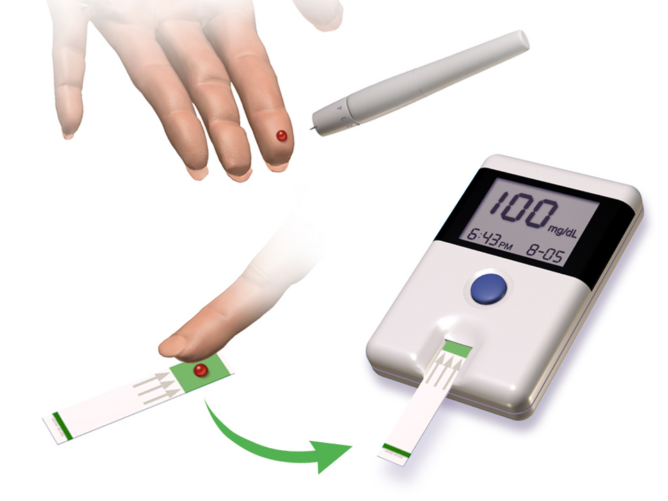 Illustration of a person checking blood sugar with a finger-prick glucose meter