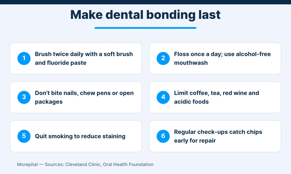 Dental bonding aftercare infographic with six tips