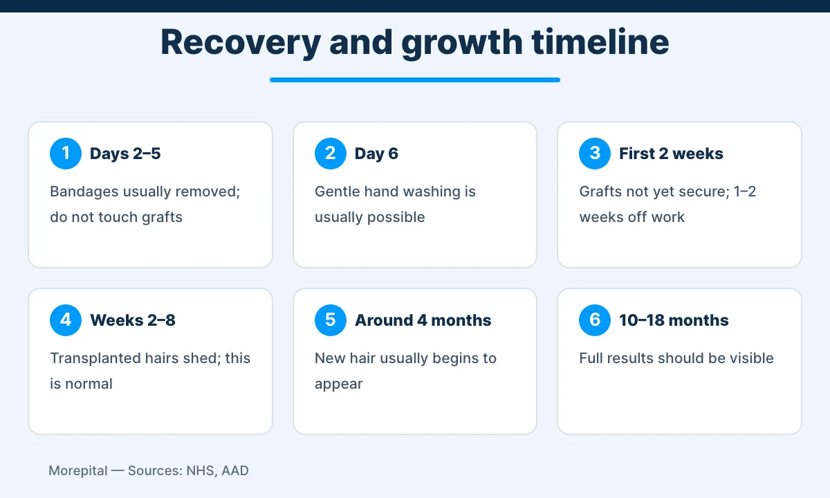 DHI hair transplant recovery and hair growth timeline infographic