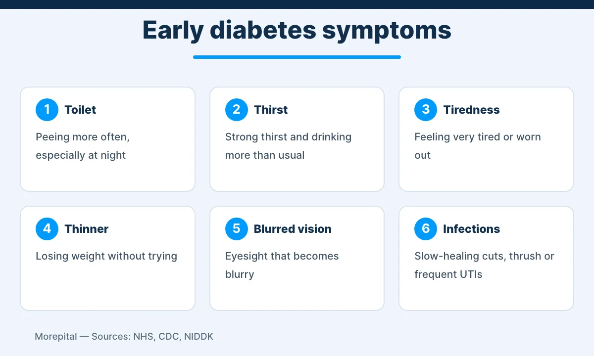 Infographic of six early diabetes symptoms: toilet, thirst, tiredness, weight loss, blurred vision and infections