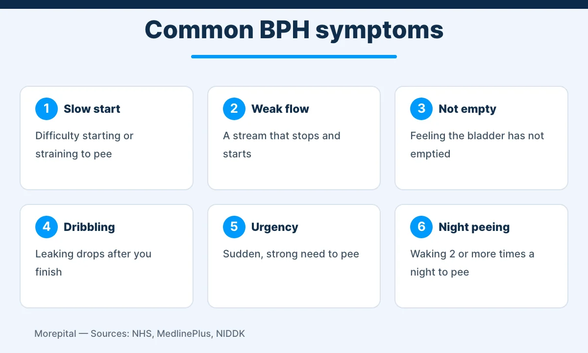 Enlarged prostate symptoms: slow start, weak flow, incomplete emptying, dribbling, urgency and night-time urination