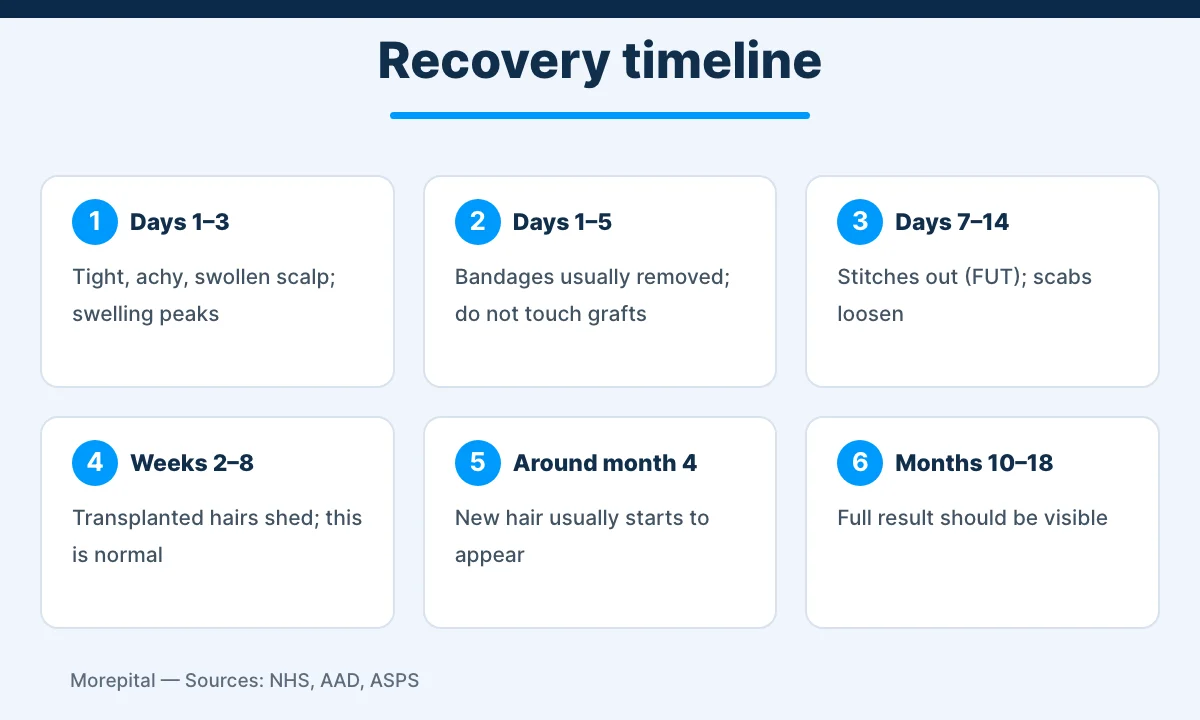 Hair transplant recovery timeline infographic from day 1 to month 18