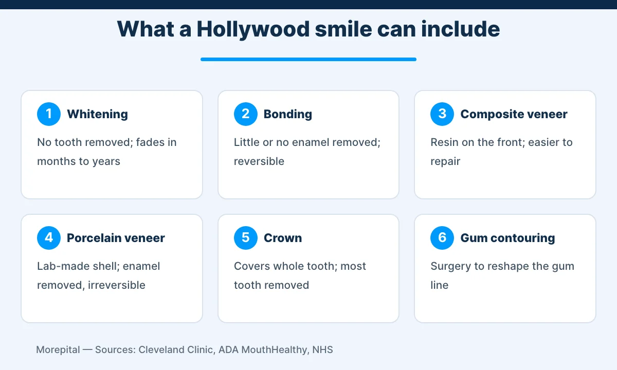 Hollywood smile in Turkey infographic comparing whitening, bonding, veneers, crowns and gum contouring