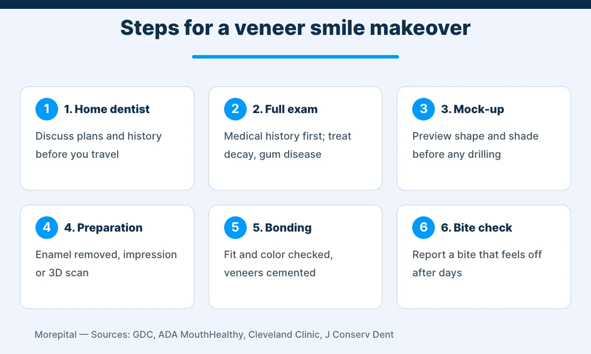 Hollywood smile in Turkey infographic showing six treatment steps for veneers