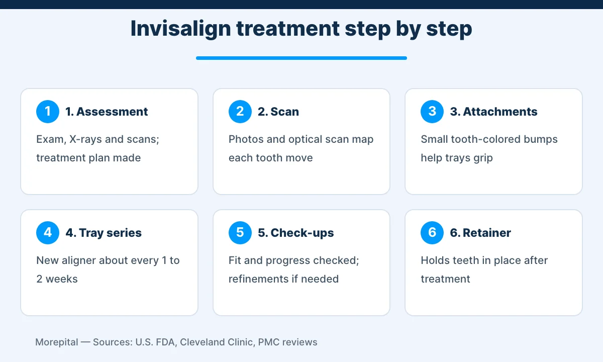 Invisalign infographic showing the six steps of clear aligner treatment
