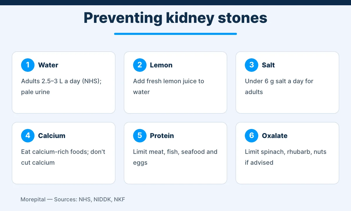 Infographic of six habits that help prevent kidney stones coming back