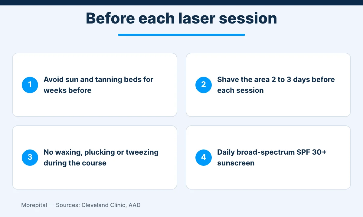 Laser hair removal preparation: avoid tanning, shave 2 to 3 days before, no waxing or plucking, daily SPF 30 sunscreen