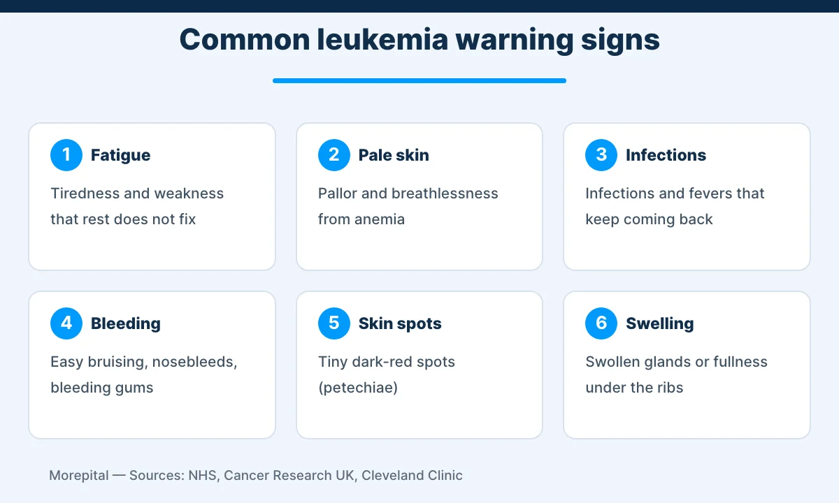 Infographic of six common leukemia symptoms, from fatigue and pale skin to bruising and swollen glands