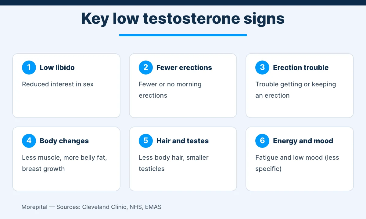 Low testosterone symptoms infographic showing the key sexual, physical and mood signs