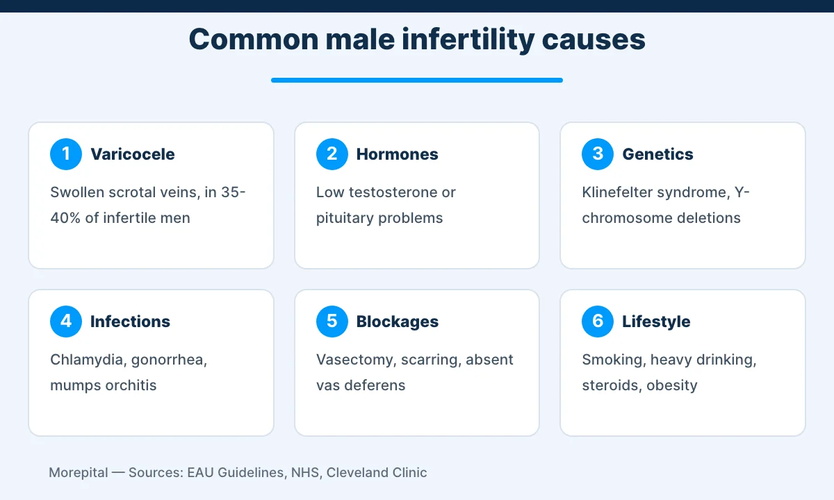 Male infertility causes: varicocele, hormone problems, genetic conditions, infections, blockages and lifestyle factors