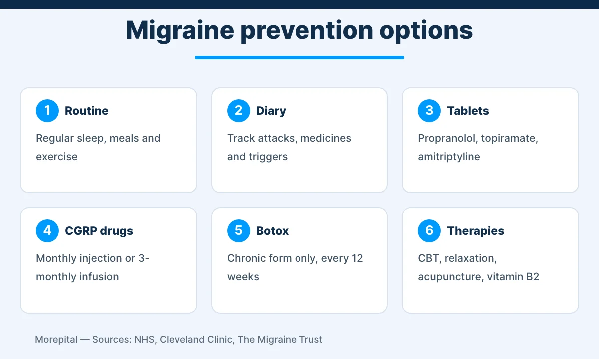 Infographic of six migraine prevention options from lifestyle routine to CGRP drugs and Botox