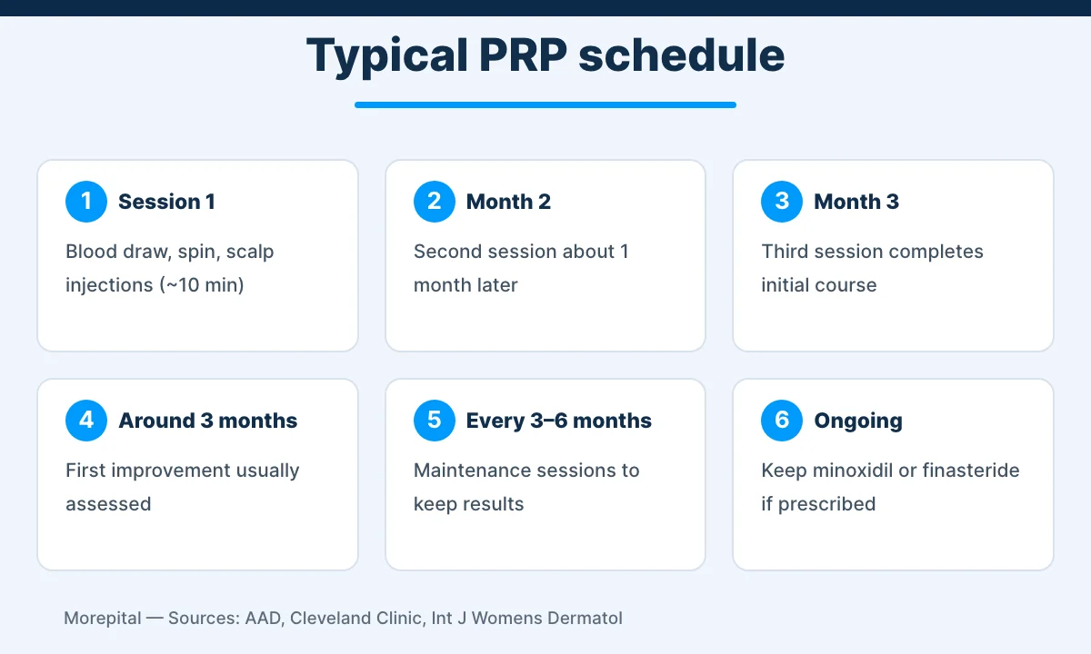 PRP hair treatment session schedule and results timeline infographic