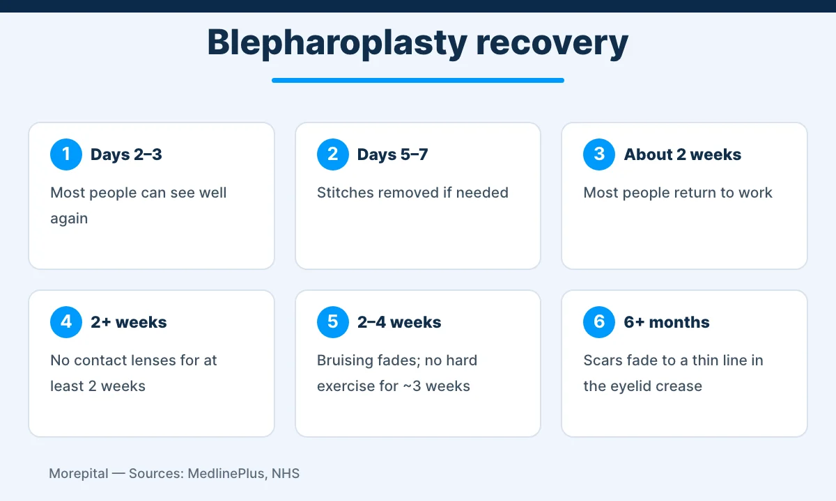 Blepharoplasty recovery timeline: clear vision at 2 to 3 days, stitches out at 5 to 7 days, work at about 2 weeks, no contact lenses for 2 weeks, bruising fades by 2 to 4 weeks, scars fade after 6 months