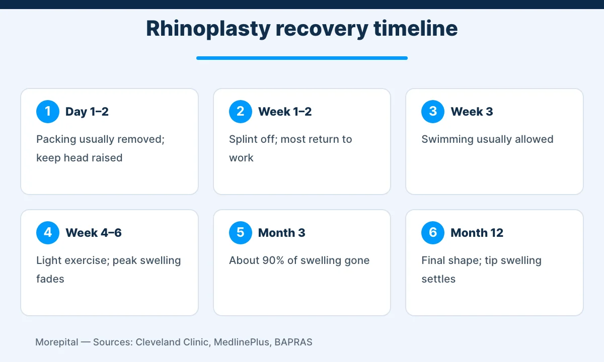 Rhinoplasty recovery timeline from day 1 to month 12