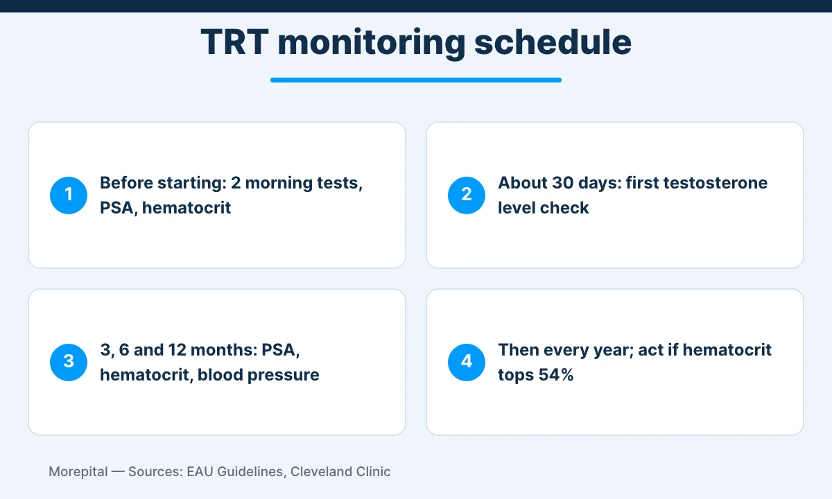 Testosterone replacement therapy monitoring schedule: baseline tests, 30-day check, 3, 6 and 12 months, then yearly