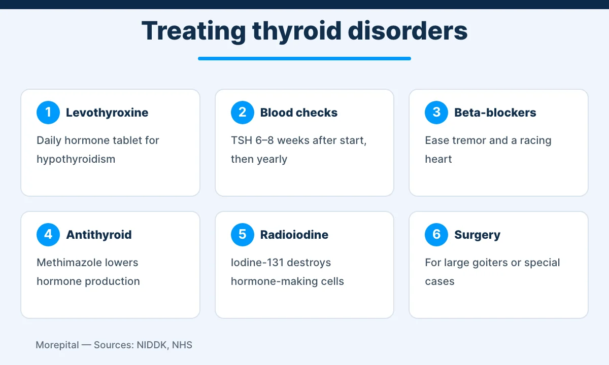 Infographic of six treatments used once thyroid symptoms are diagnosed