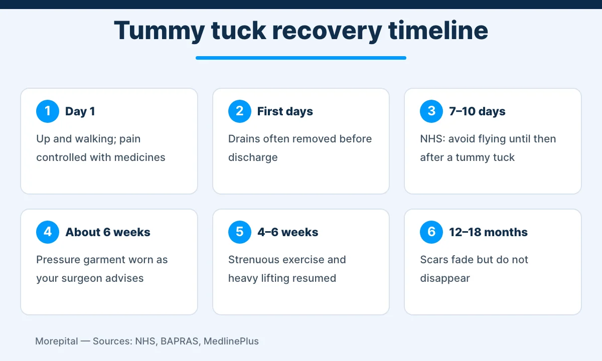 Tummy tuck in Turkey infographic showing the recovery timeline and when to fly