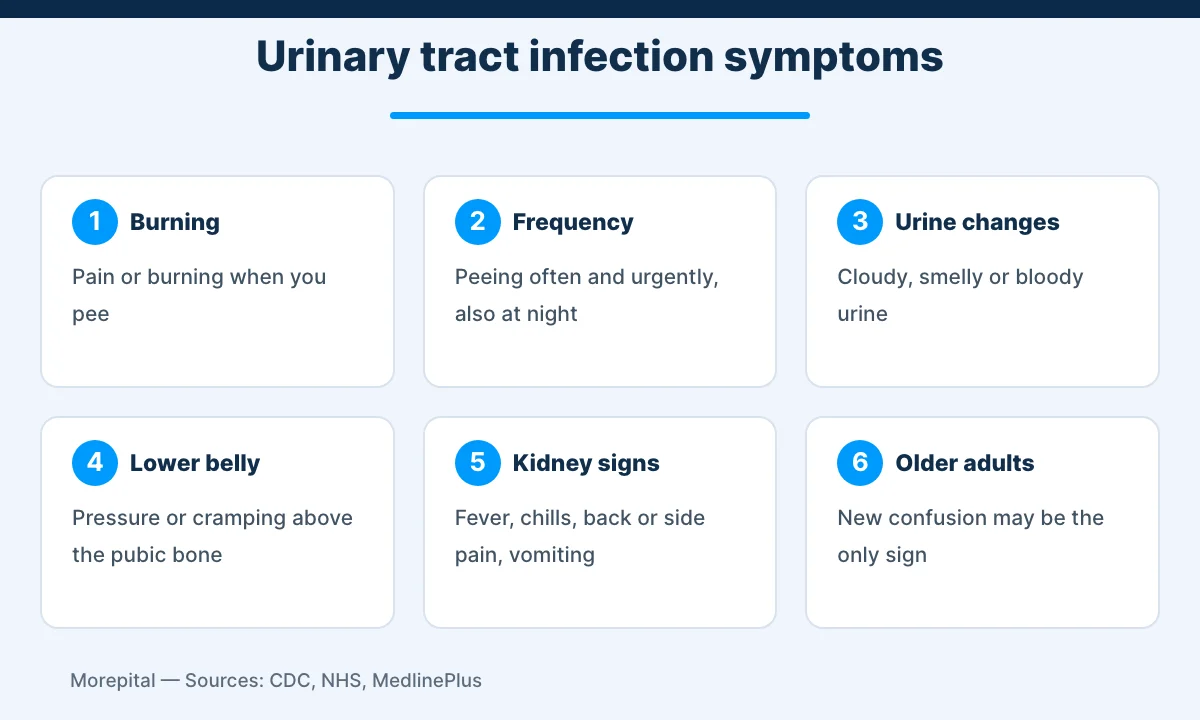 Infographic of six urinary tract infection symptoms and kidney infection warning signs
