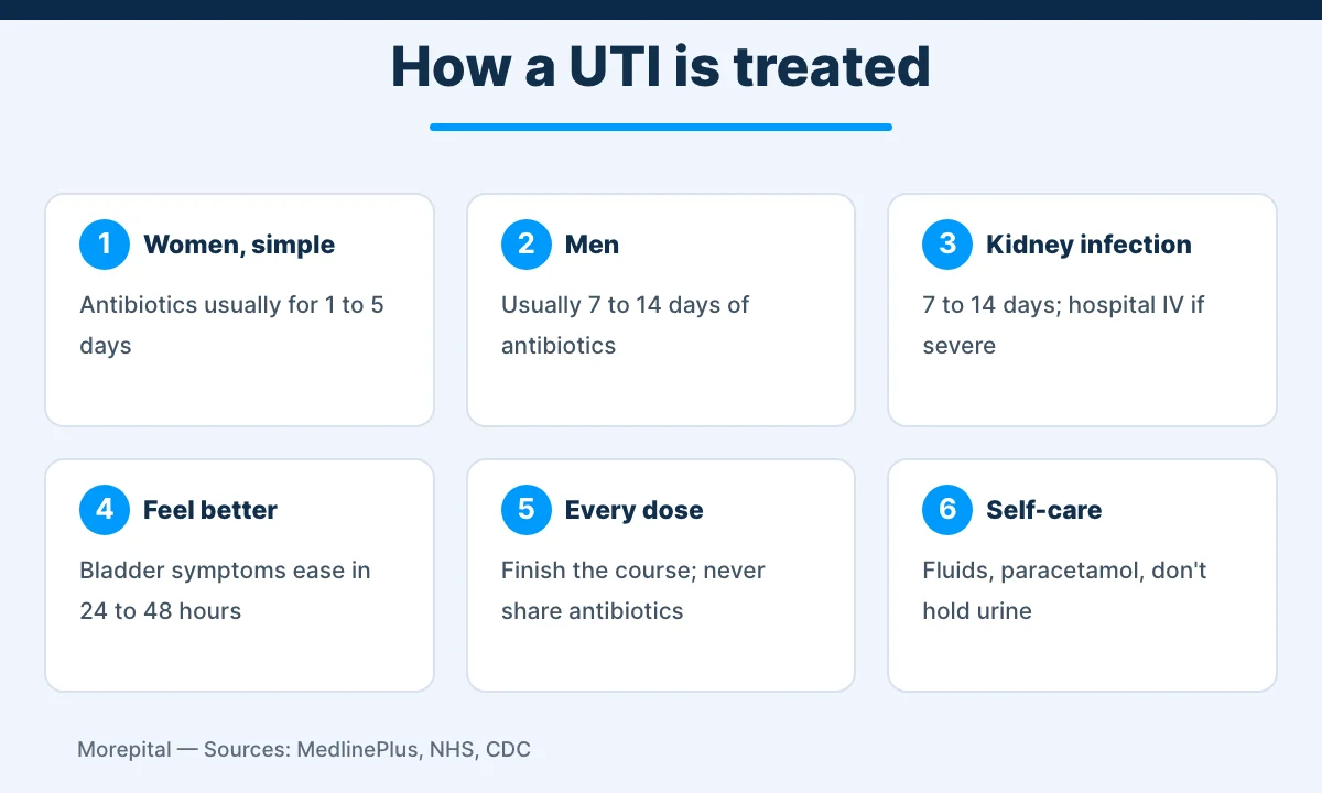 Infographic of urinary tract infection treatment course lengths and self-care