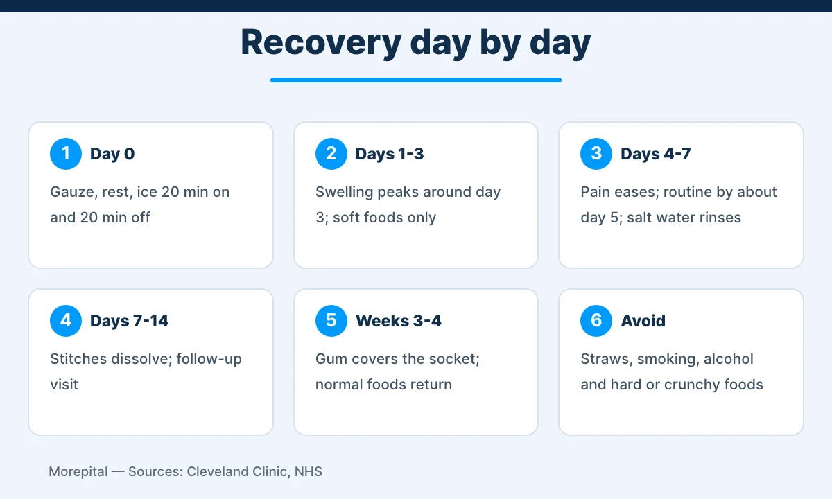 Wisdom teeth removal recovery timeline from day 0 to weeks 3 to 4